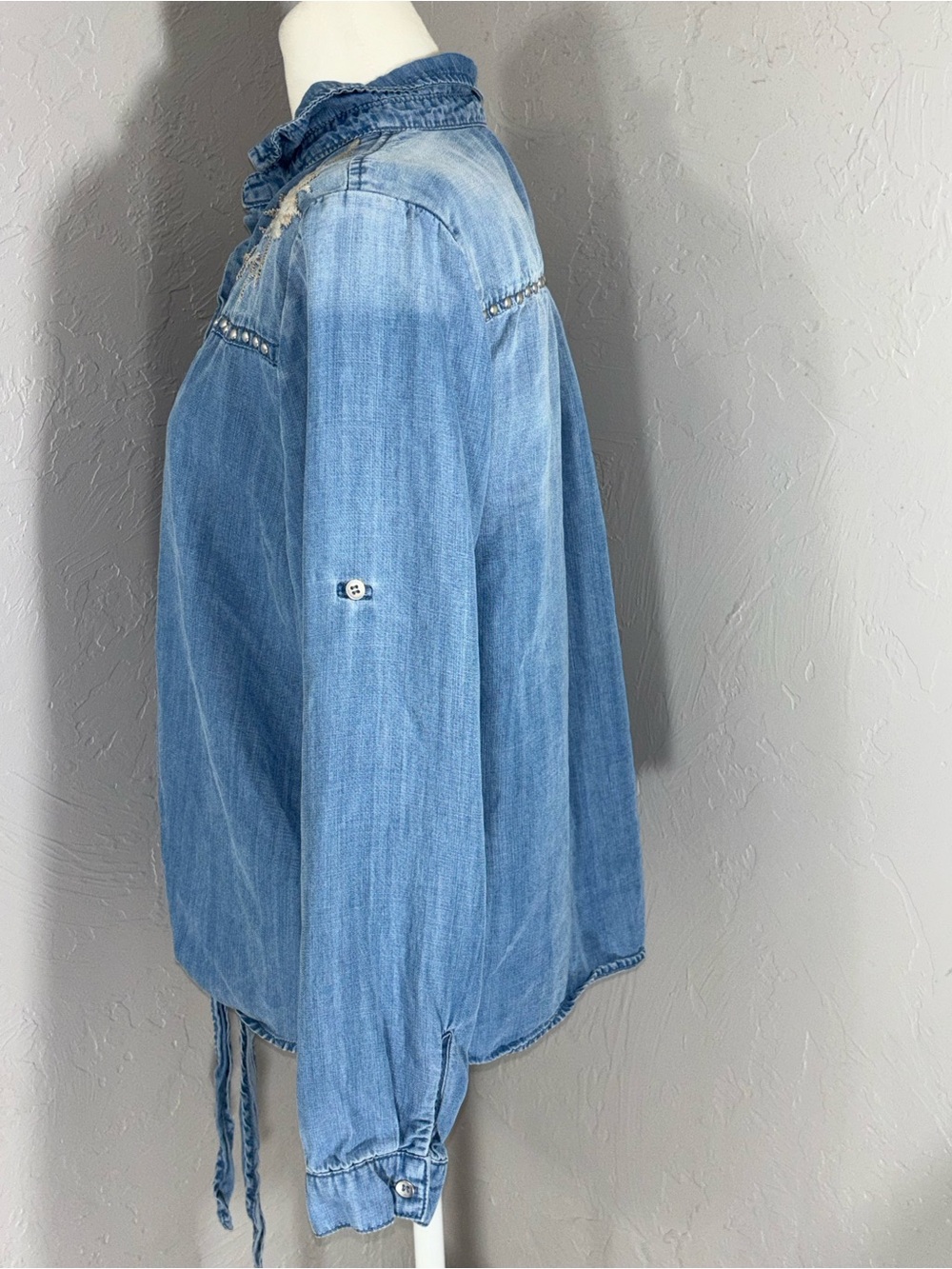 Reba Light Blue Embroidered Tie-Front Denim Blouse - Picture 4 of 12
